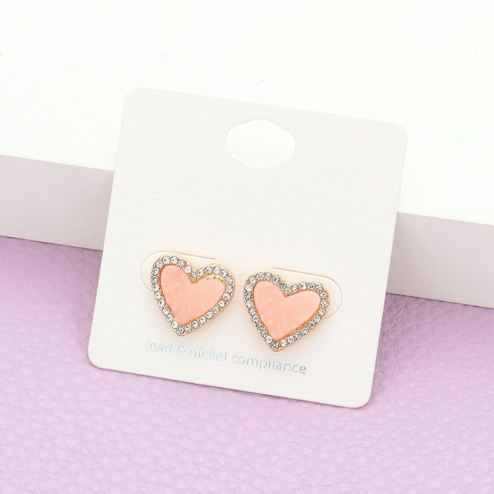 New Womens Boutique Rhinestone Trimmed Druzy Heart Stud Earrings
